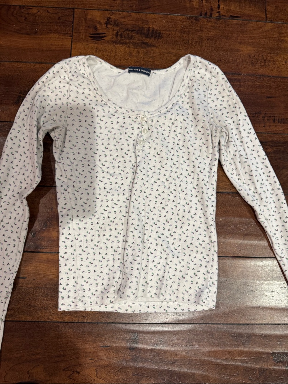 Brandy Melville White Long Sleeve Henley with Tiny Floral Print